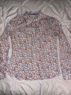 Women’s White Floral Button-Up Shirt with Orange and Blue Print
